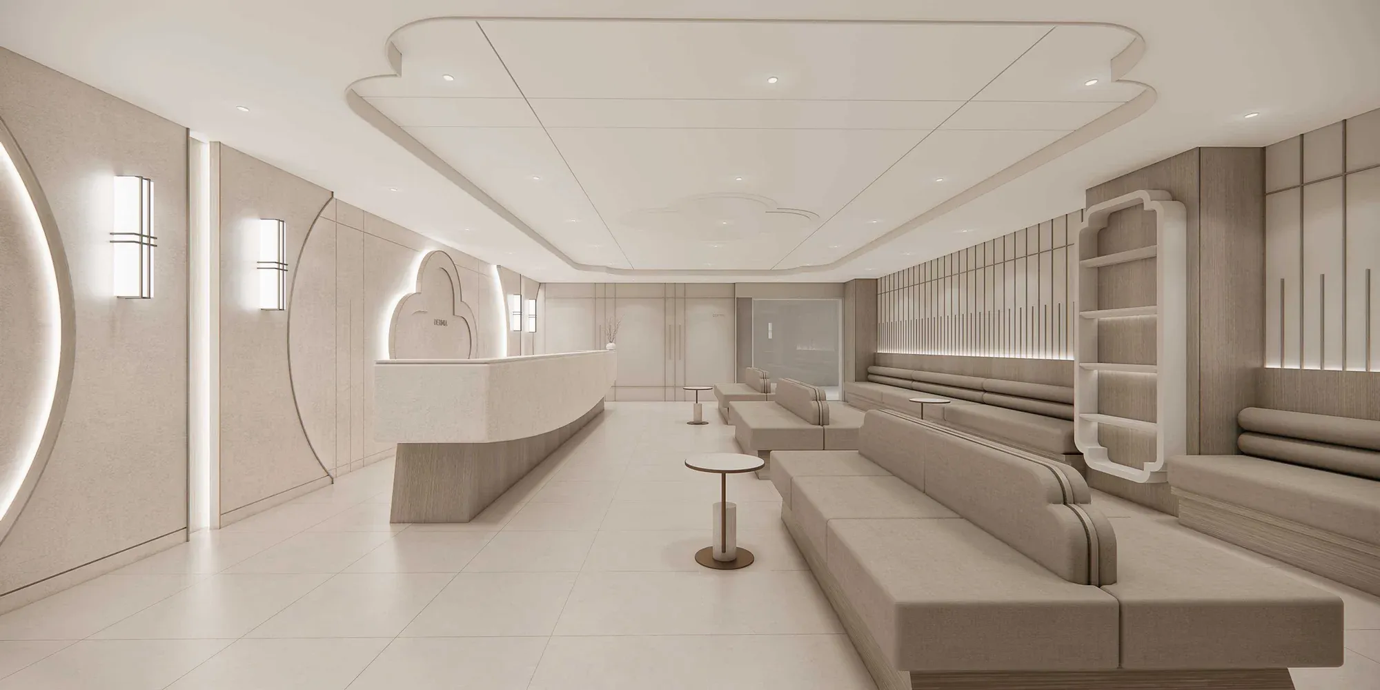 Dermia lobby stretching from reception to the lounge