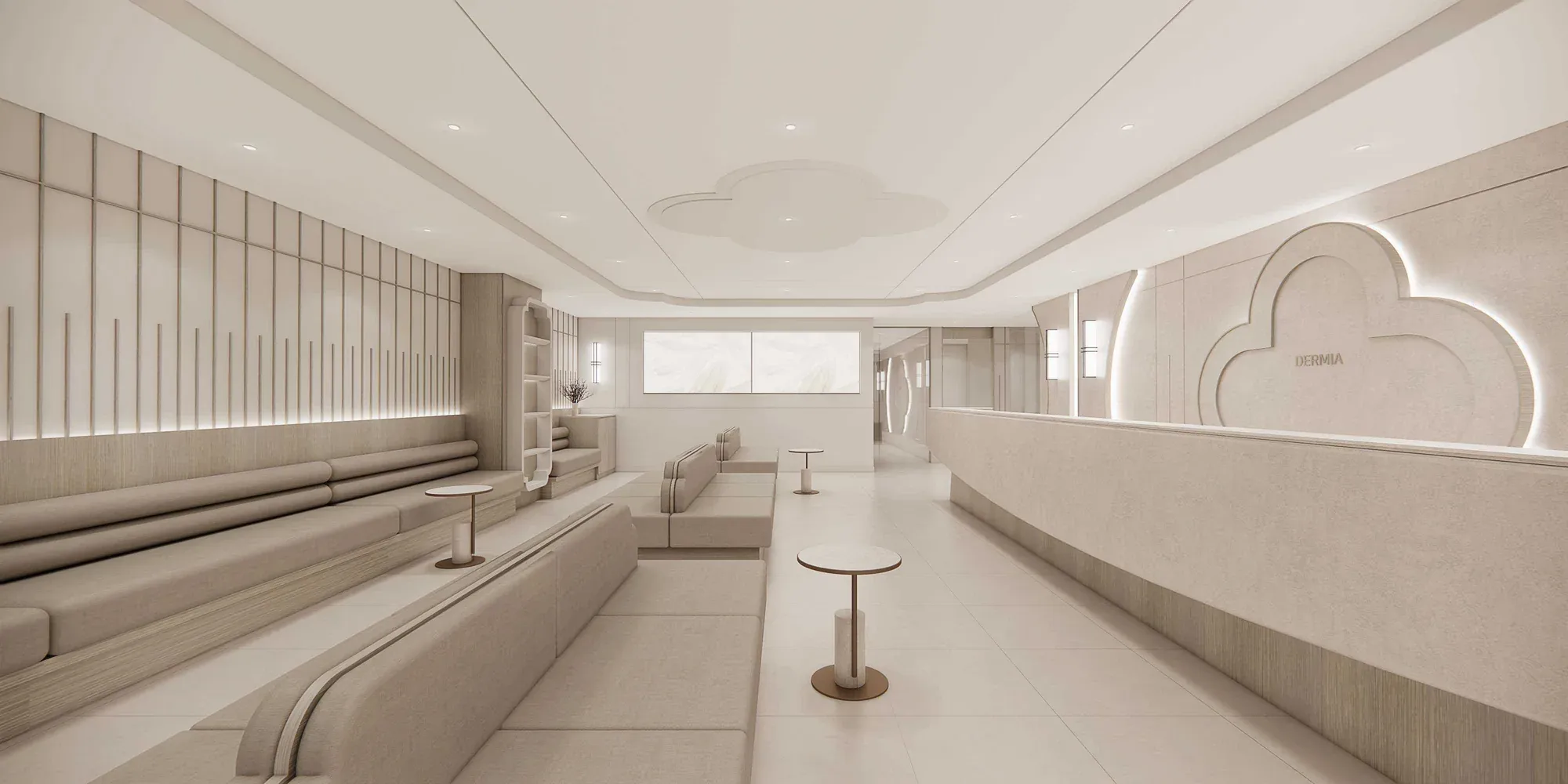 Waiting lounge with bench seating along the wall