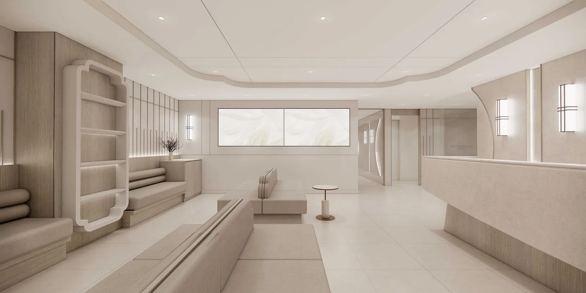 Lounge with display shelves and waiting seats